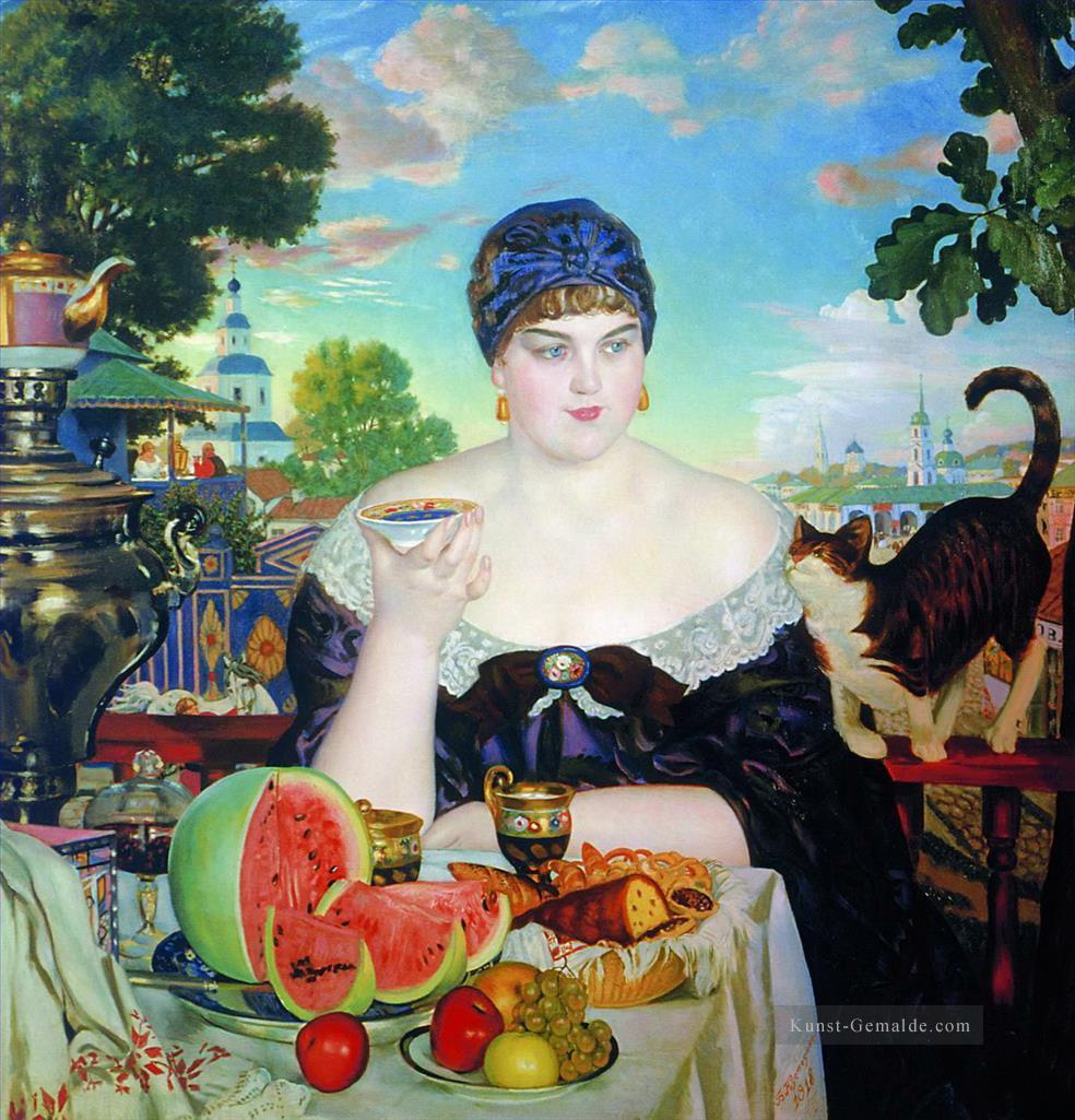 der Kaufmann Frau bei Tee 1918 Boris Mikhailovich Kustodiev schöne Frau Dame Ölgemälde